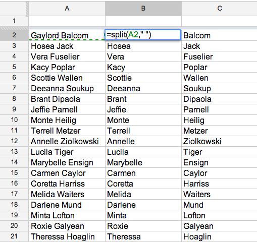 Tách Họ và Tên thành hai cột riêng biệt trong bảng tính Google Sheets với hàm split.